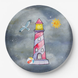 Red Lighthouse with a Stormy Background Paper Plate