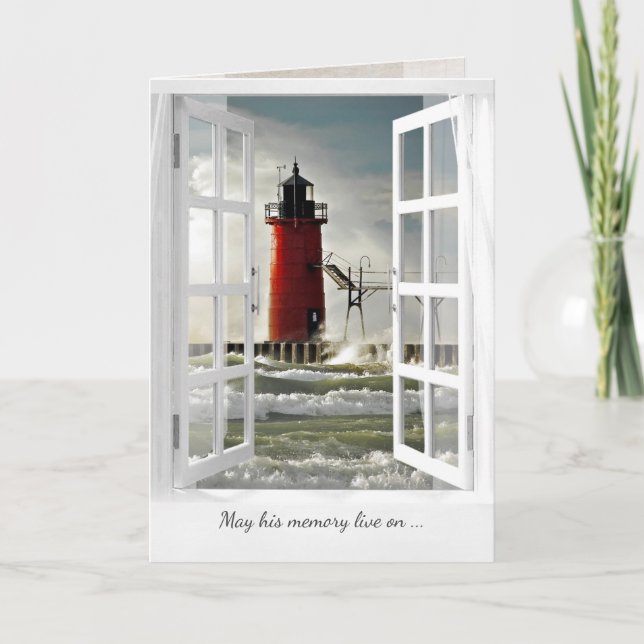 red lighthouse with big wave scene sympathy card (Front)