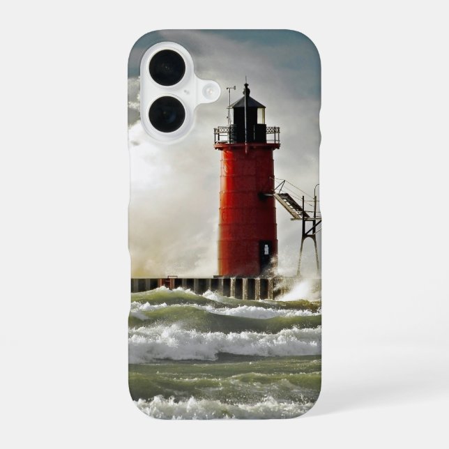 red lighthouse with giant wave iPhone 16 case (Back)