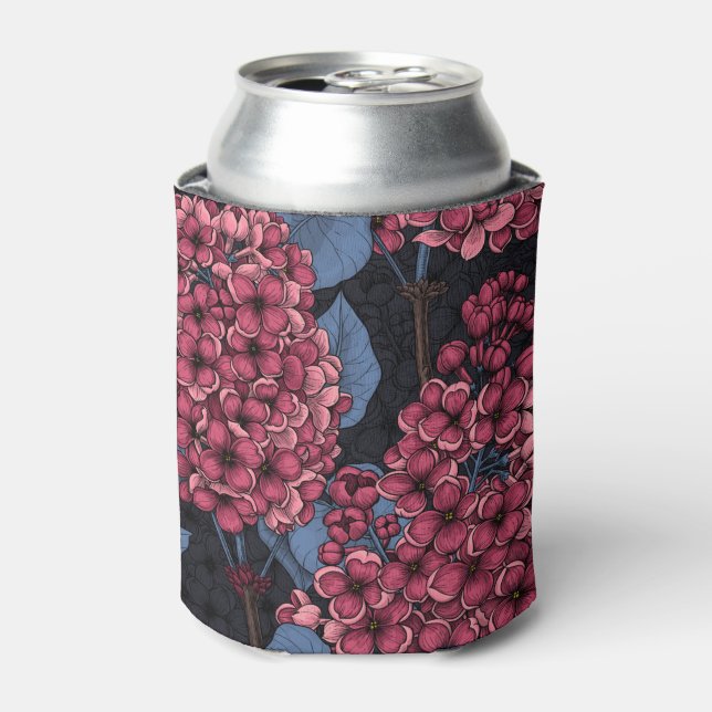 Red lilac on dark blue can cooler (Can Front)