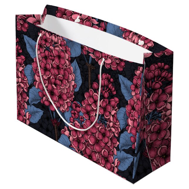 Red lilac on dark blue large gift bag (Back Angled)