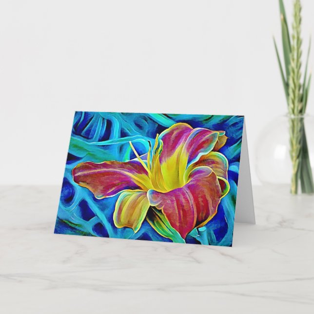 Red Lily Aqua Fantasy Art Note Card (Front)