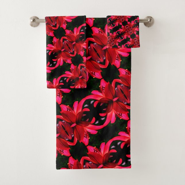 Red Lily Floral Abstract Art Pattern    Bath Towel Set (Insitu)