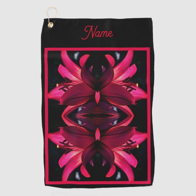 Red Lily Flower Abstract Personalised Golf Towel (Front)