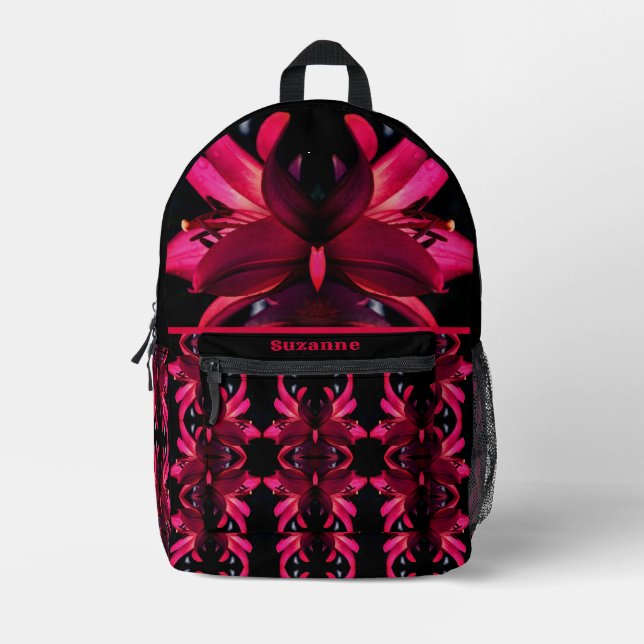 Red Lily Flower Abstract Personalised Printed Backpack (Front)