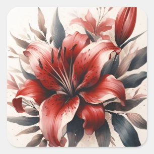 Red Lily Flower Aesthetic Vintage Watercolor Square Sticker