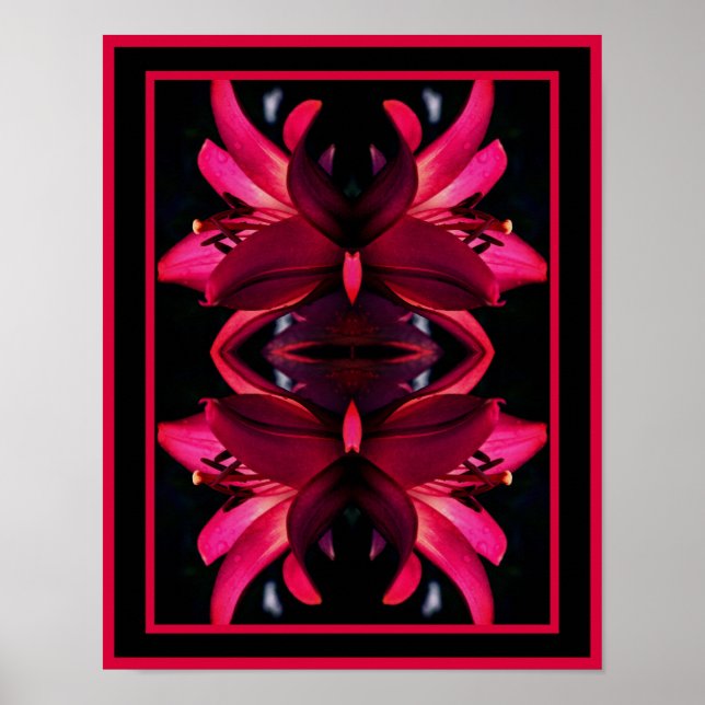 Red Lily Flower Mirror Abstract Poster (Front)