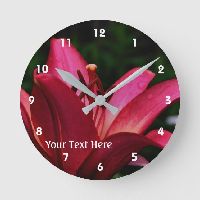 Red Lily Flower Petals And Center Personalized Round Clock (Front)