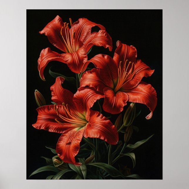Red Lily Flowers Art Print Poster (Front)