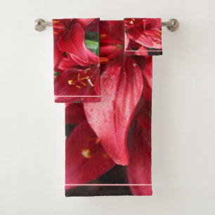 Red Lily Foliage Flowers Floral Pink Green Yellow Bath Towel Set