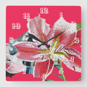 Red Lily Lilies Watercolor Flower Art Flower  Square Wall Clock