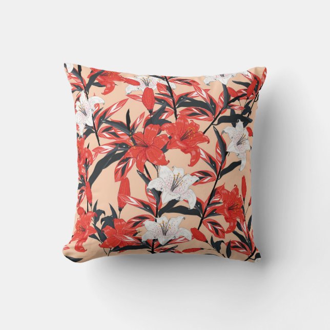 Red Lily: Vintage Botanical Pattern. Cushion (Front)