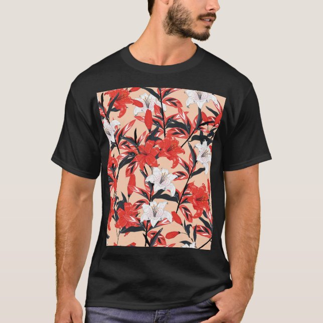 Red Lily: Vintage Botanical Pattern. T-Shirt (Front)