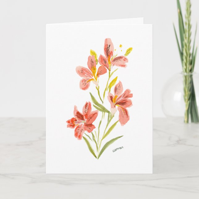 Red Lily Watercolor Floral Greeting Card (Front)