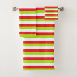Red, Lime Green and White Stripes Bath Towel Set