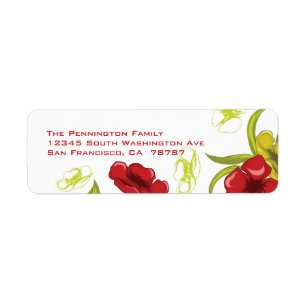 Red + Lime Green poppy flowers address label Return Address Label