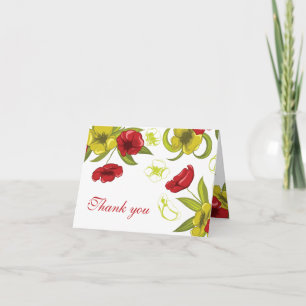 Red + Lime Green poppy flowers wedding thank you Card