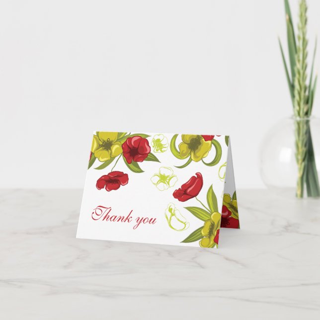 Red + Lime Green poppy flowers wedding thank you Card (Front)