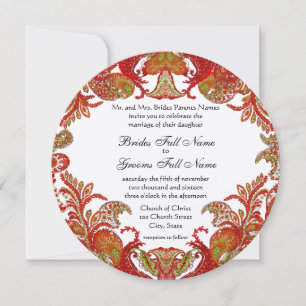 Red, Lime & Orange Vintage Paisley Damask Wedding Invitation
