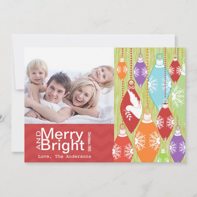 Red Lime Retro Merry and Bright Family Photo Card (Front)