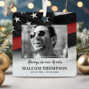 Red Line Firefighter Photo Memorial Metal Tree Decoration