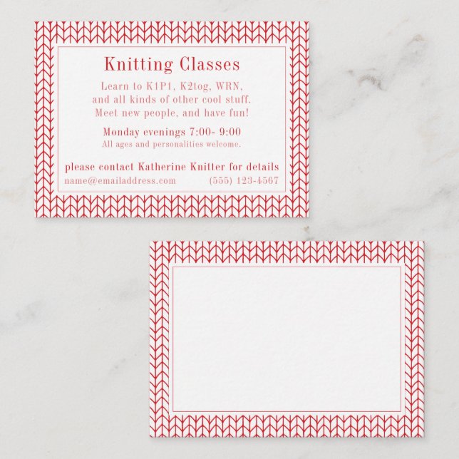 RED LINE KNIT "Knitting Classes" Business Card  (Front/Back)