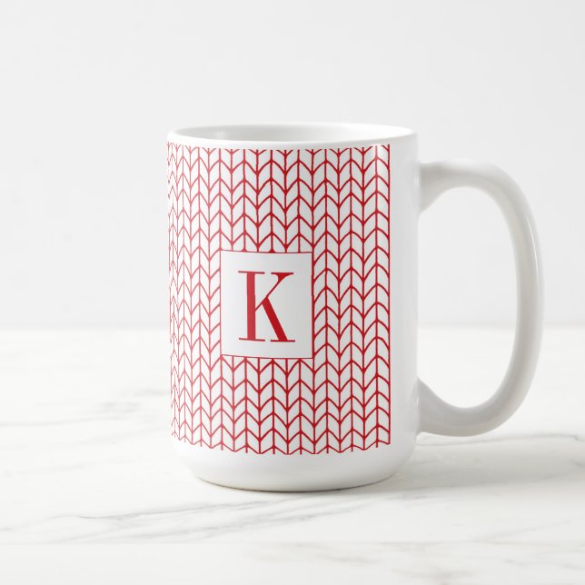 RED LINE KNIT Tall White Mug + Initial (Right)
