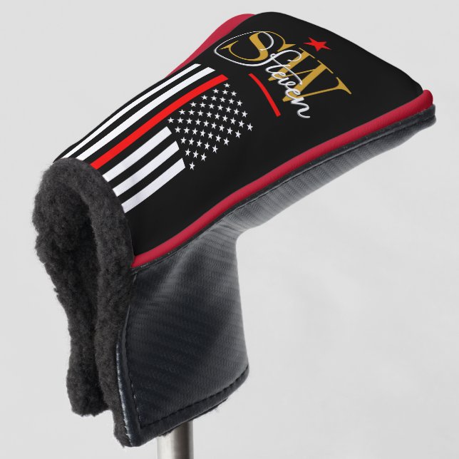 Red Line & Monogrammed Name / Modern Signature Golf Head Cover (3/4 Front)