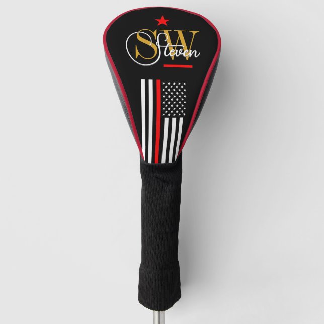 Red Line & Monogrammed Name / Modern Signature Golf Head Cover (Front)