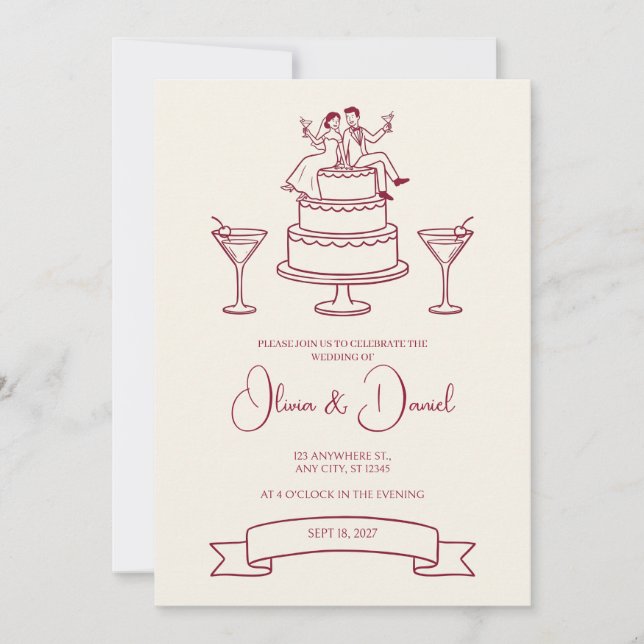 Red Line Wedding Cake Couple Wedding Invitation (Front)