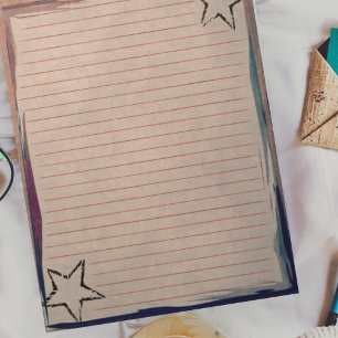 Red Lined Paper Rustic Stars Chic Border on Grunge Notepad
