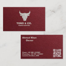Red Linen Bull Business Card - White Bull Logo