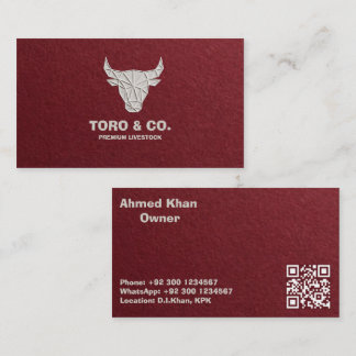Red Linen Bull Business Card - White Bull Logo