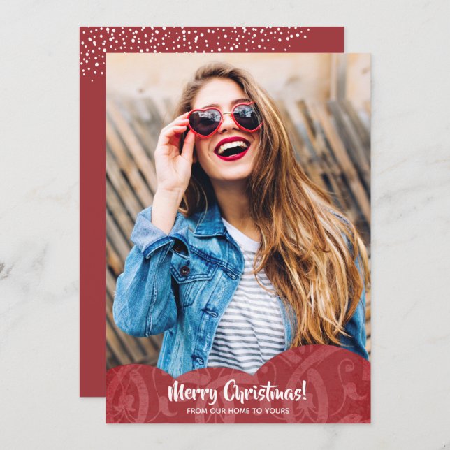 Red Linen Filigree Photo Christmas Holiday Card (Front/Back)