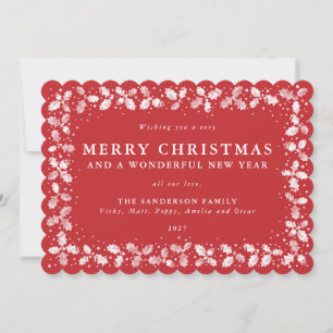 Red Lino Print Holly Leaves Border Flat Non Photo Holiday Card