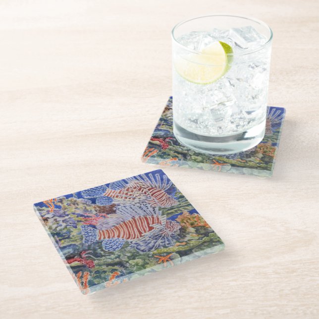 Red Lionfish Glass Coaster (Angled)