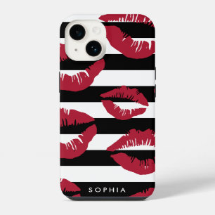 Red Lip Print Kisses Black & White Stripe iPhone 14 Case