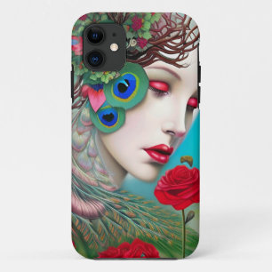 Red Lips and Roses Peacock Abstract   iPhone 11 Case