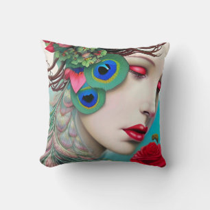 Red Lips and Roses Peacock Abstract Cushion