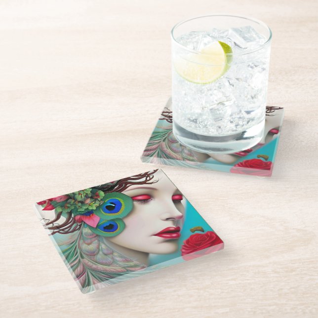Red Lips and Roses Peacock Abstract Glass Coaster (Angled)