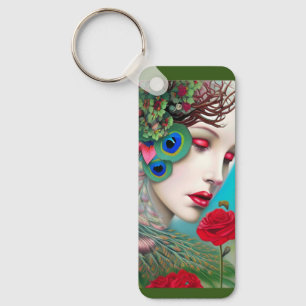 Red Lips and Roses Peacock Abstract    Key Ring
