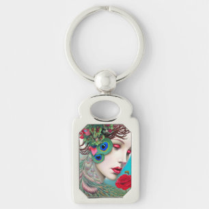 Red Lips and Roses Peacock Abstract   Key Ring
