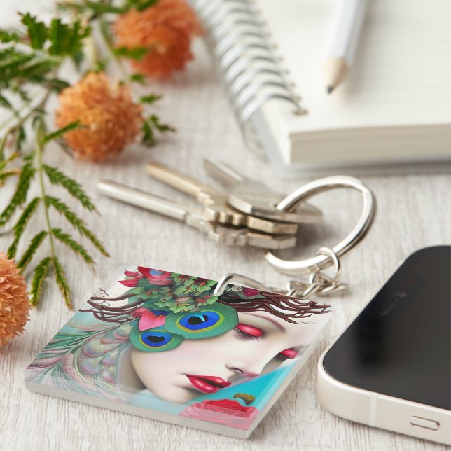Red Lips and Roses Peacock Abstract  Key Ring (Front Right)