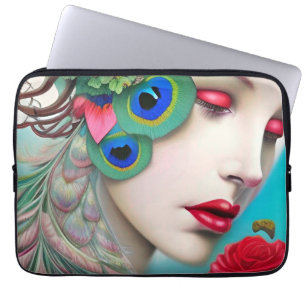 Red Lips and Roses Peacock Abstract   Laptop Sleeve