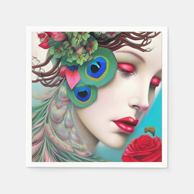 Red Lips and Roses Peacock Abstract   Napkin (Front)