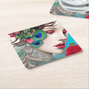 Red Lips and Roses Peacock Abstract Square Paper Coaster