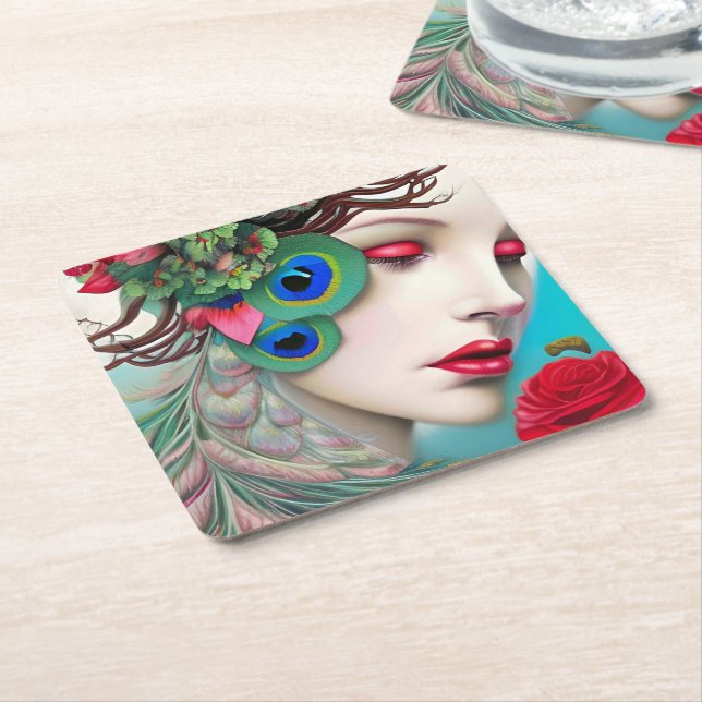 Red Lips and Roses Peacock Abstract  Square Paper Coaster (Angled)