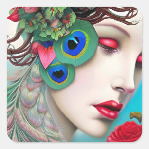Red Lips and Roses Peacock Abstract  Square Sticker