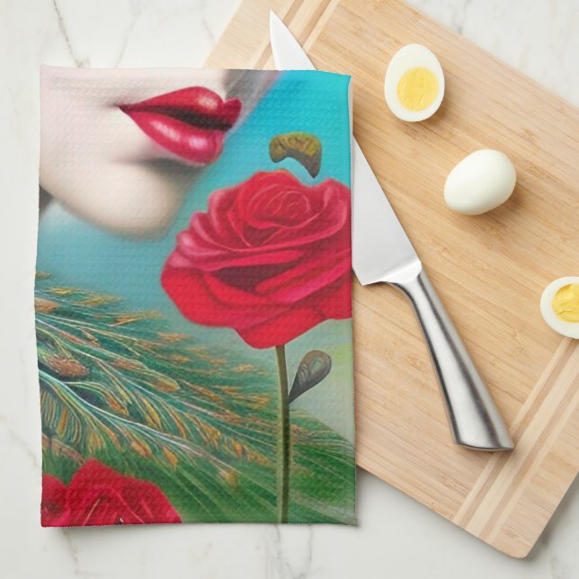 Red Lips and Roses Peacock Abstract   Tea Towel (Quarter Fold)