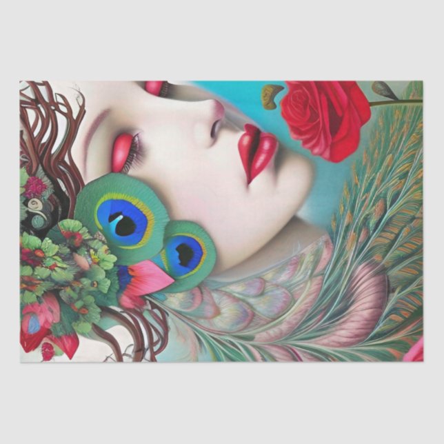 Red Lips and Roses Peacock Abstract  Tissue Paper (Front)